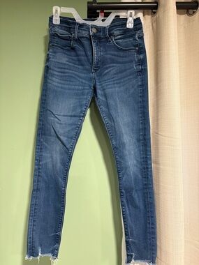 Express Women's Dark Blue Skinny Jeans with Frayed Hem